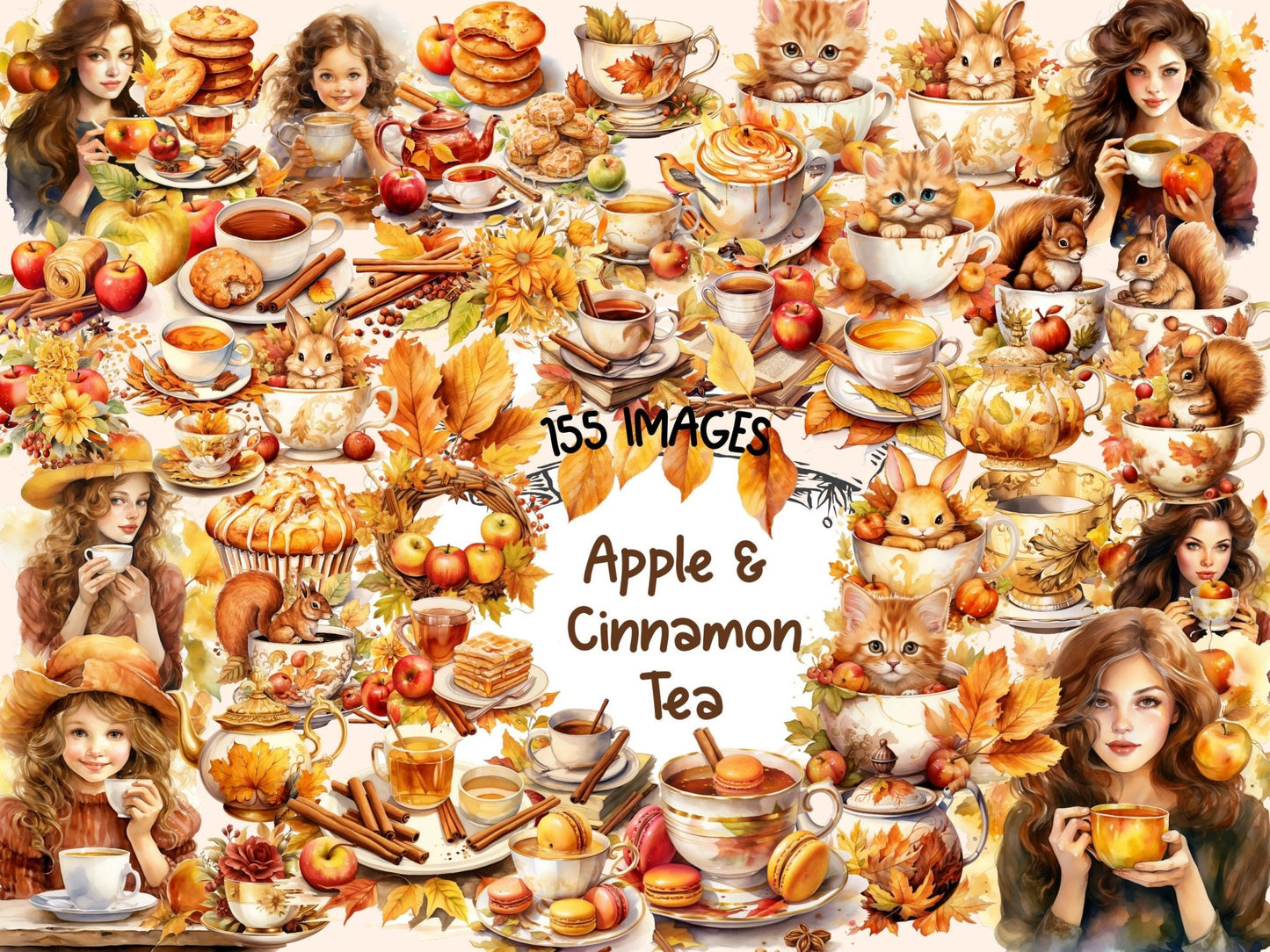 Apple & Cinnamon Tea Watercolor Clipart - High - Quality Instant Digital Download for Creative Projects