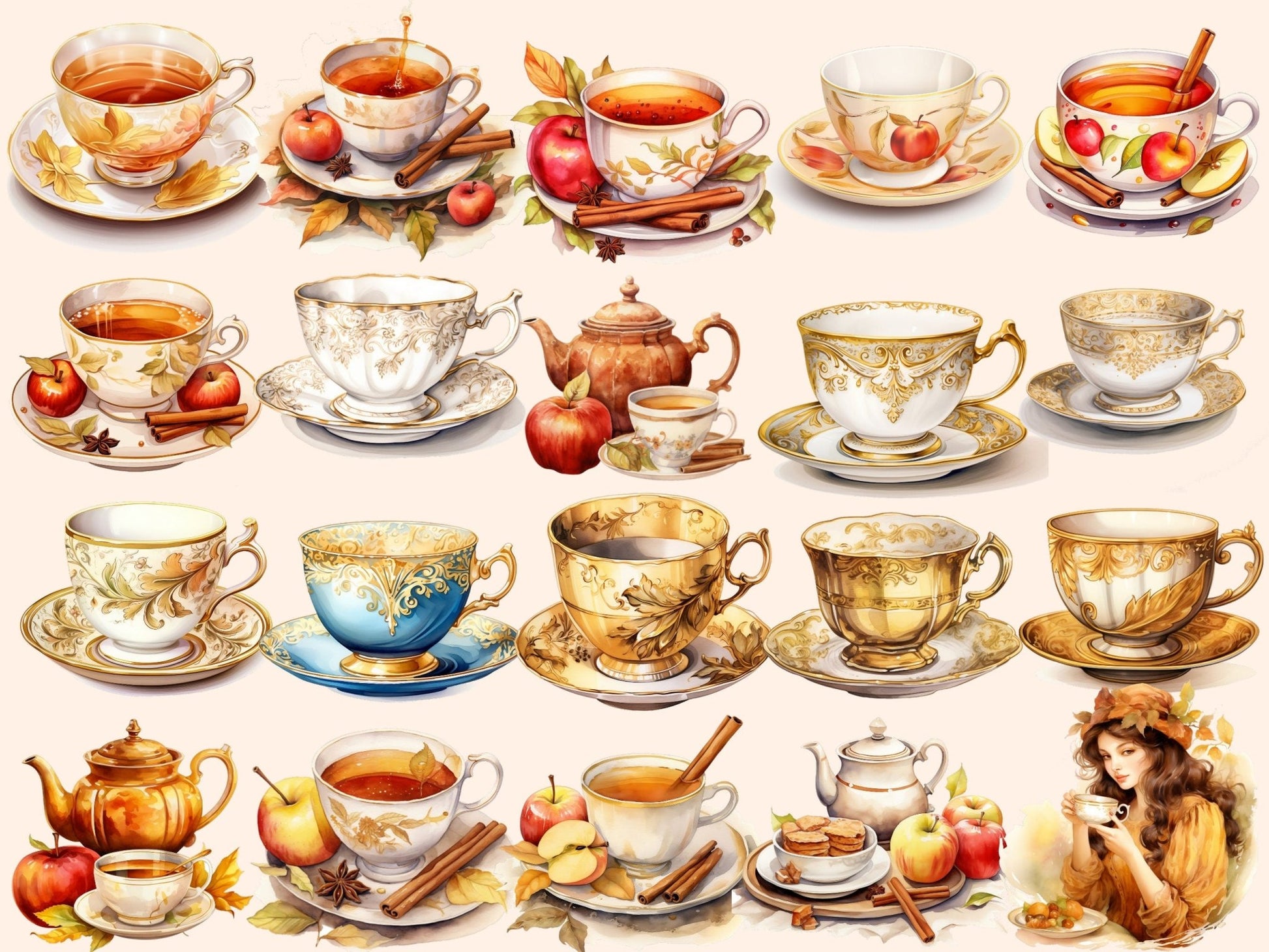 Apple & Cinnamon Tea Watercolor Clipart - High - Quality Instant Digital Download for Creative Projects