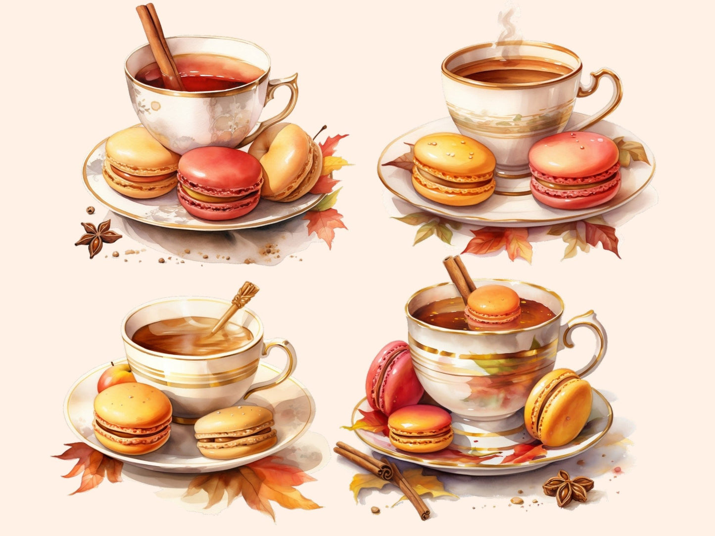 Apple & Cinnamon Tea Watercolor Clipart - High - Quality Instant Digital Download for Creative Projects