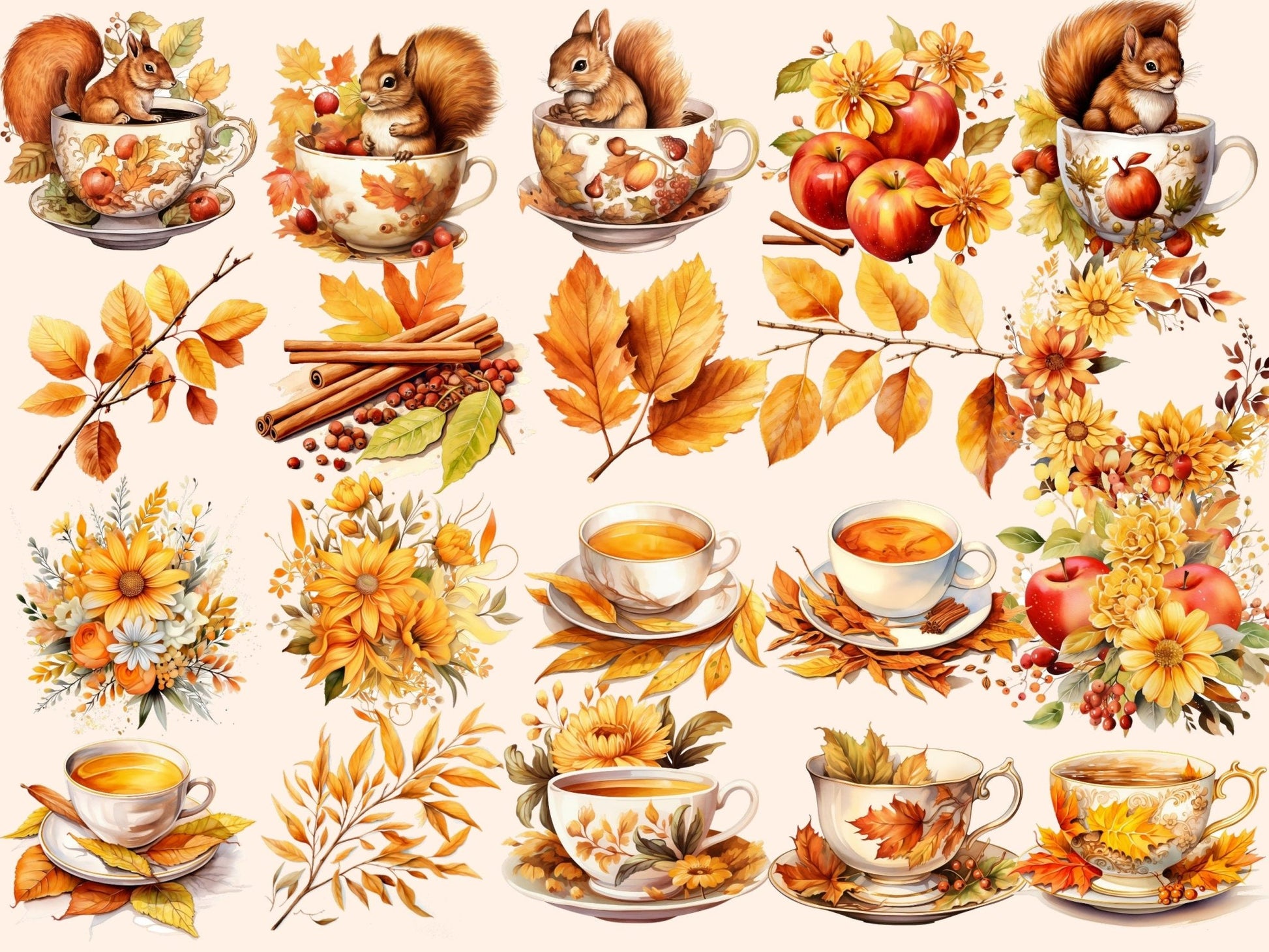 Apple & Cinnamon Tea Watercolor Clipart - High - Quality Instant Digital Download for Creative Projects