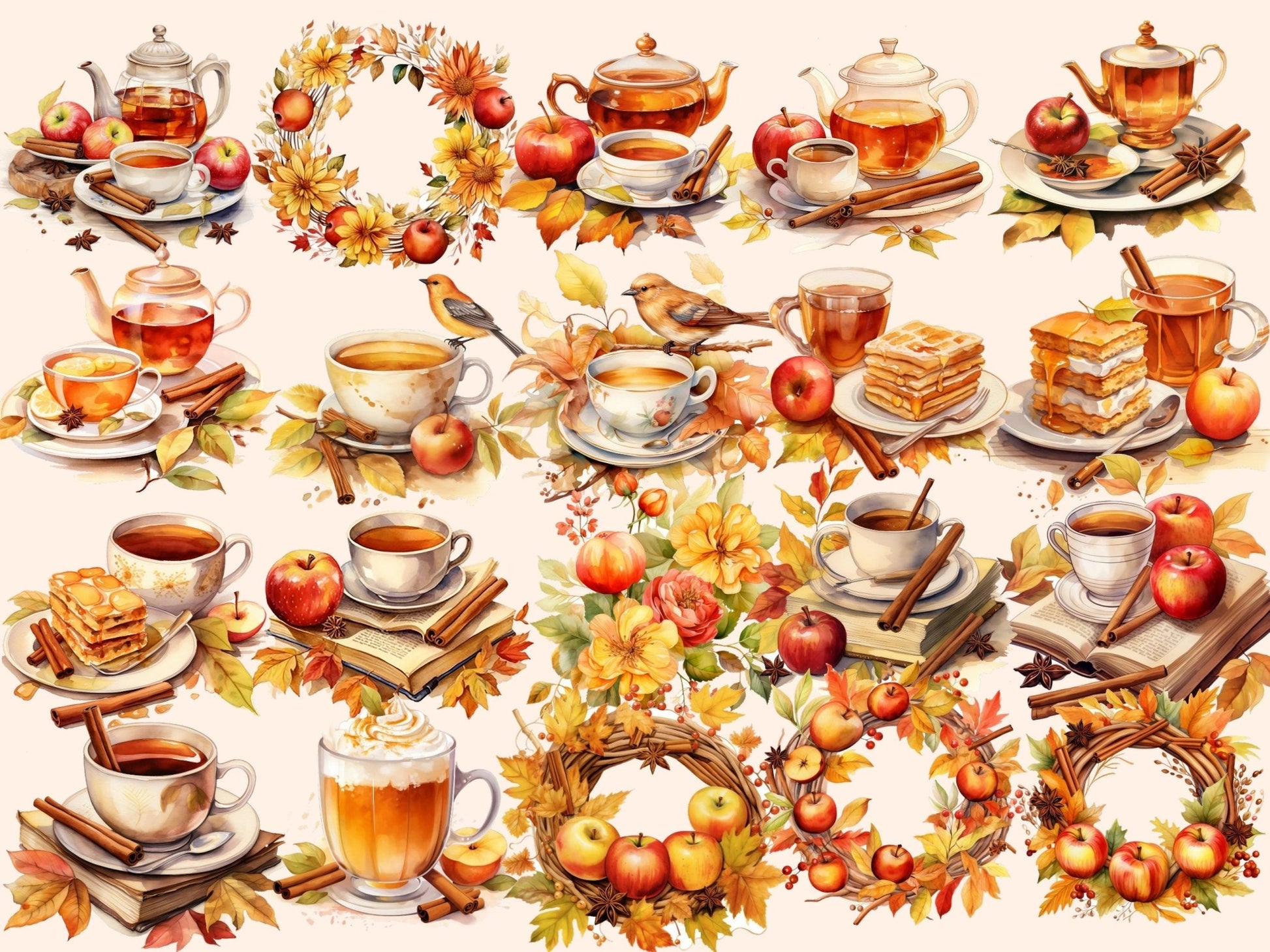 Apple & Cinnamon Tea Watercolor Clipart - High - Quality Instant Digital Download for Creative Projects