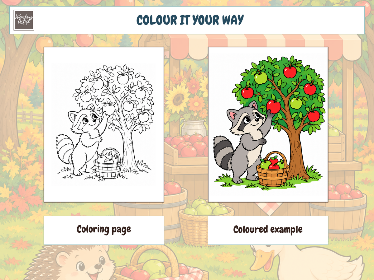 Apple Orchard Adventures Coloring Book — coloring page and example
