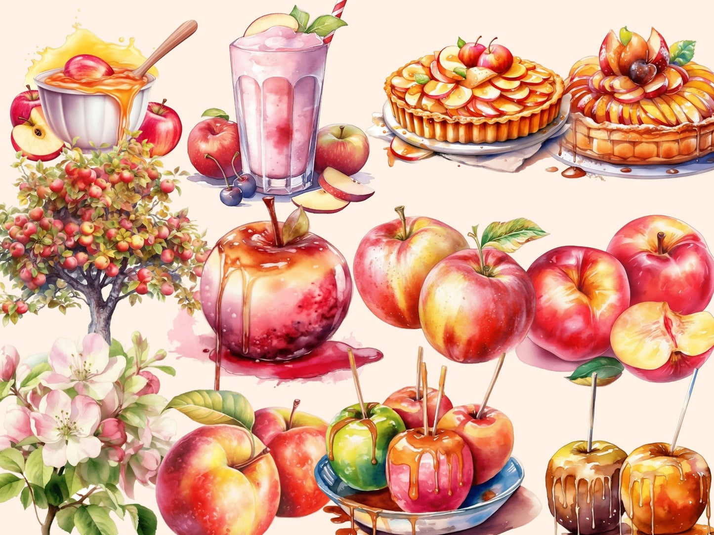 Apples Watercolor Clipart - High - Quality Instant Digital Download for Creative Projects