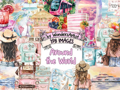 Around the World Watercolor Clipart Adventure Elements - Wonders Artist