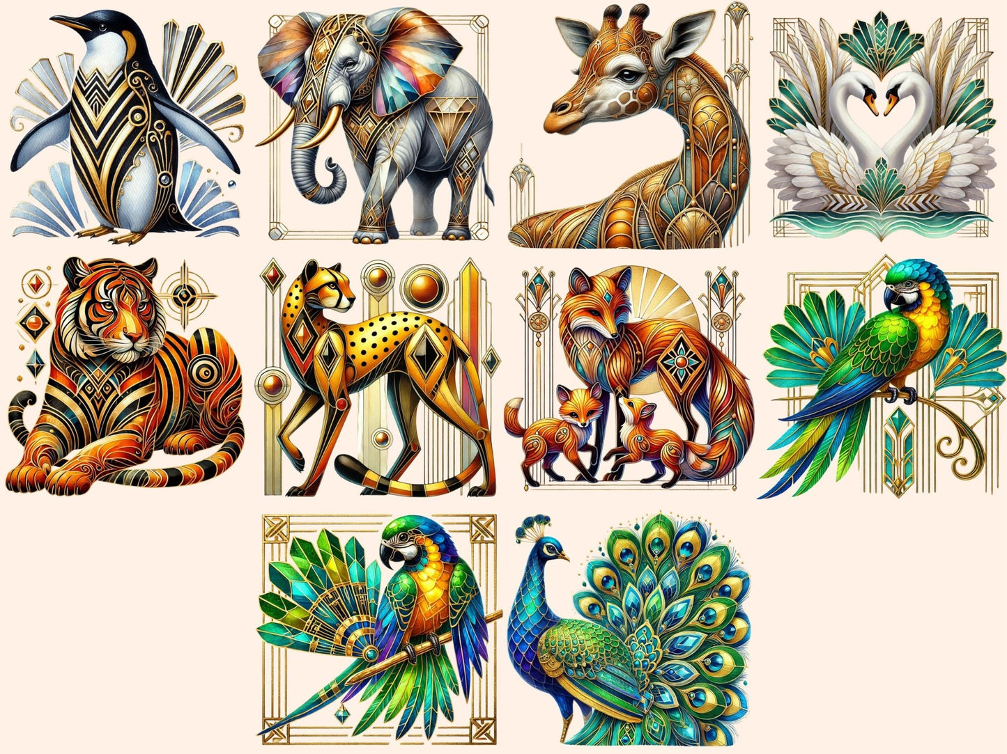 Art Deco Animals (P1) Clipart - High - Quality Instant Digital Download for Creative Projects