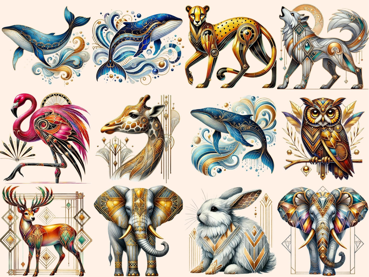 Art Deco Animals (P1) Clipart - High - Quality Instant Digital Download for Creative Projects