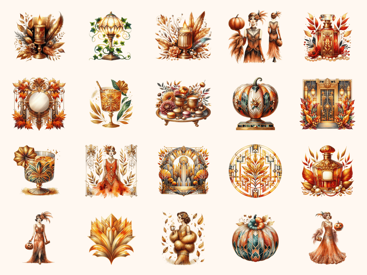 Art Deco Autumn Clipart All Bundles Clipart Line Art - WondersArtist