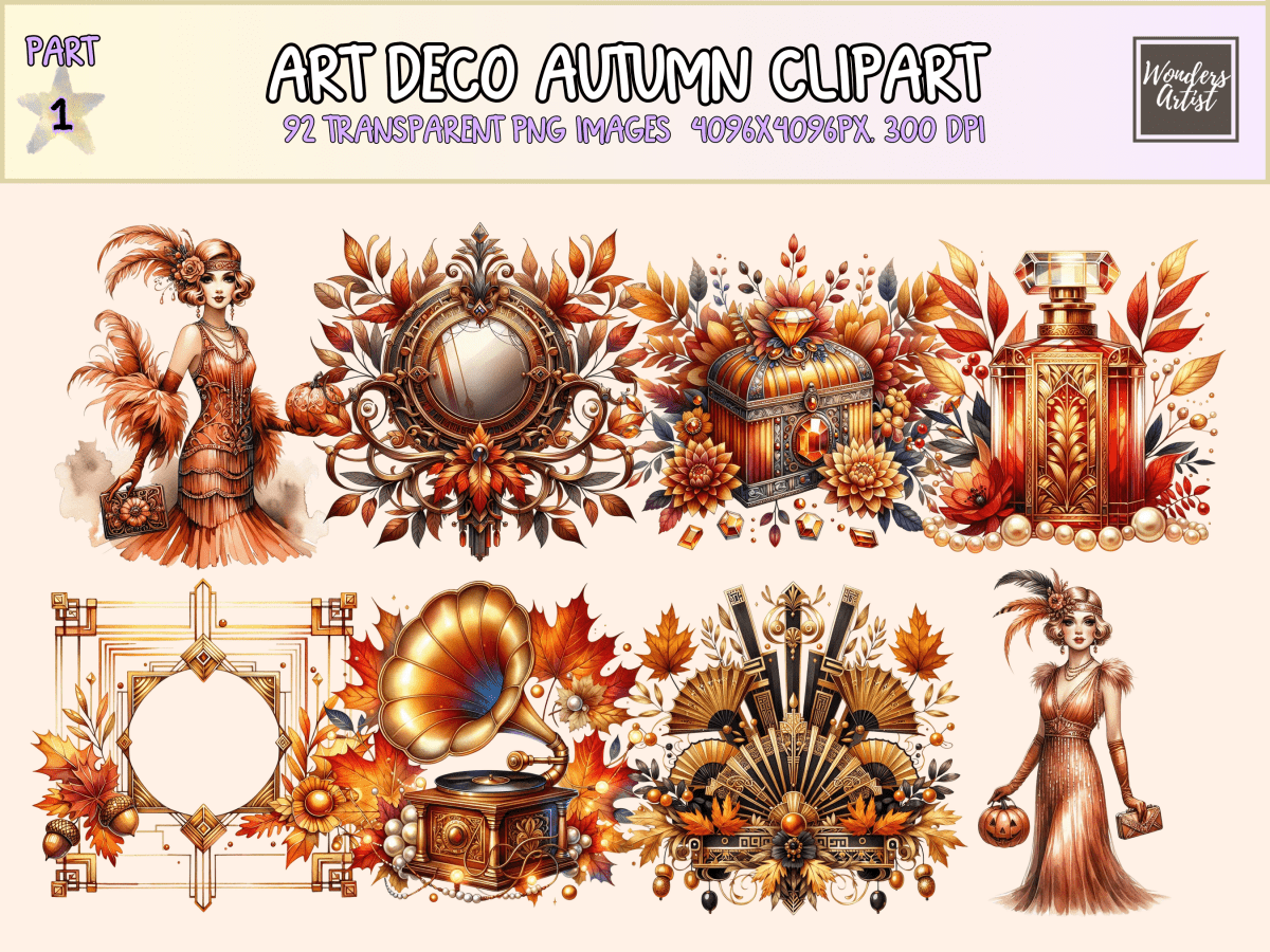 Art Deco Autumn Clipart All Bundles Clipart Line Art - WondersArtist