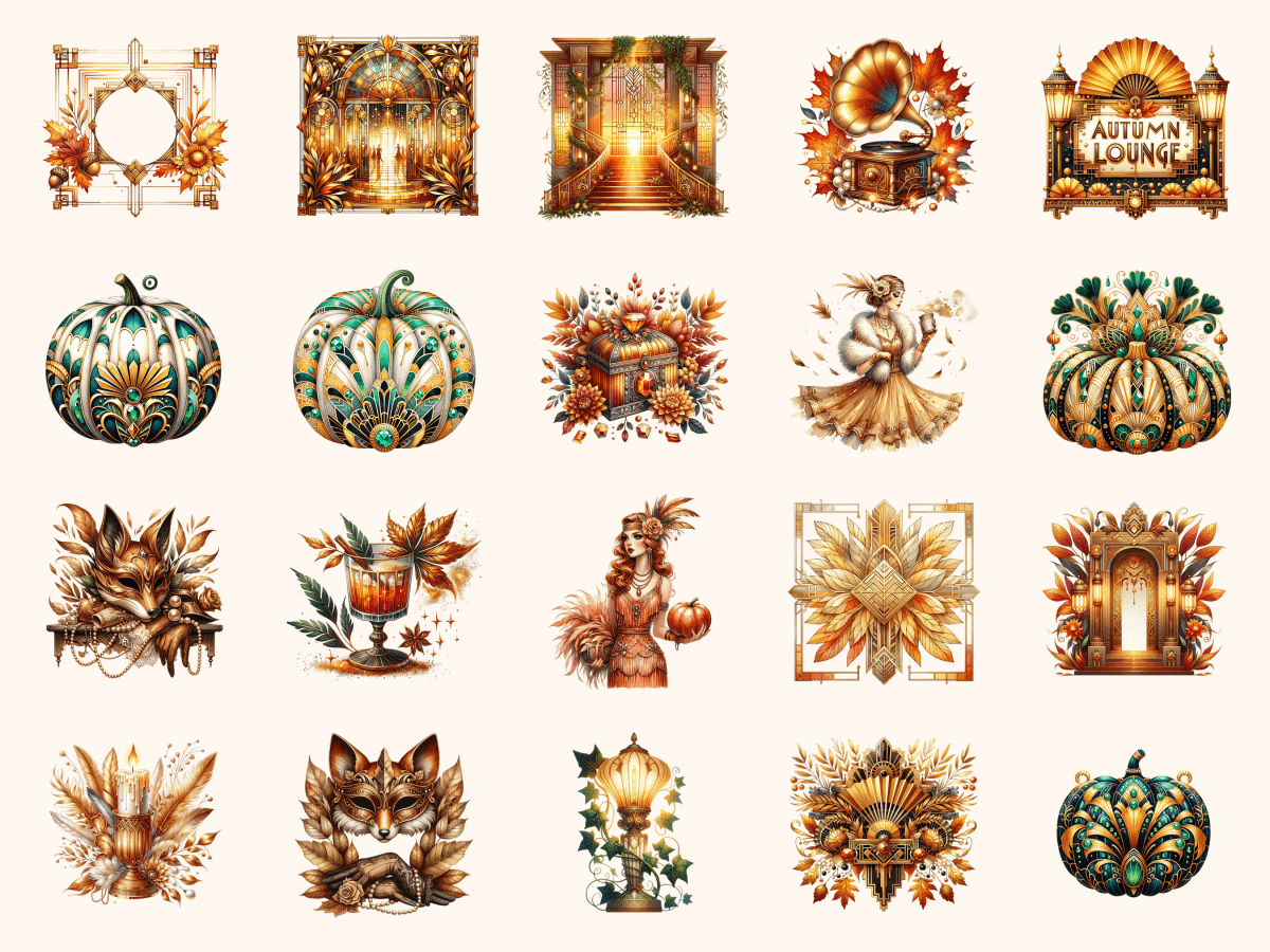Art Deco Autumn Clipart All Bundles Clipart Line Art - WondersArtist