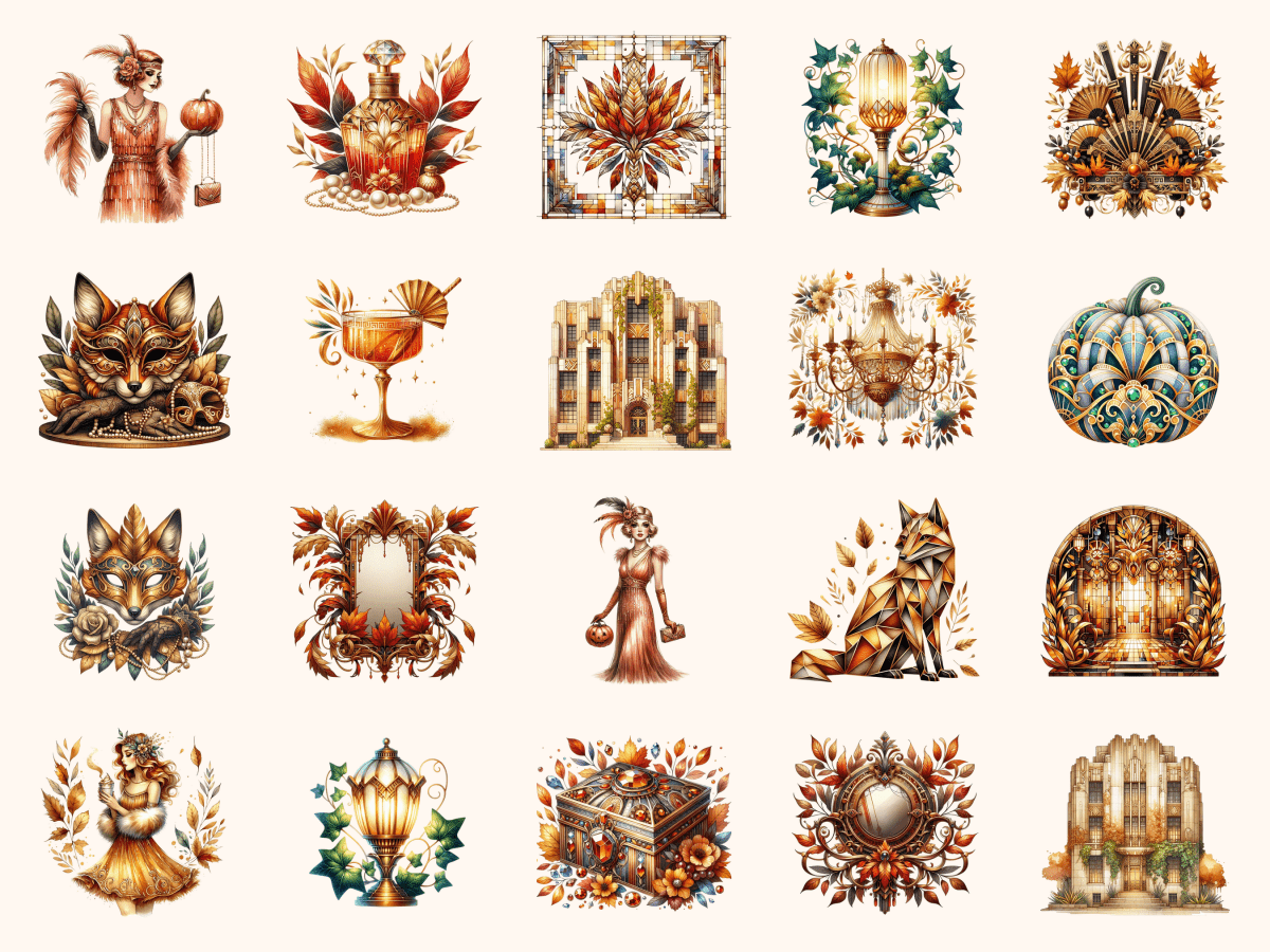 Art Deco Autumn Clipart All Bundles Clipart Line Art - WondersArtist