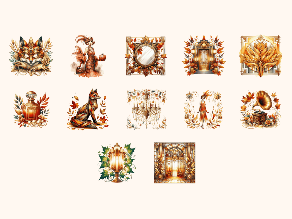 Art Deco Autumn Clipart All Bundles Clipart Line Art - WondersArtist