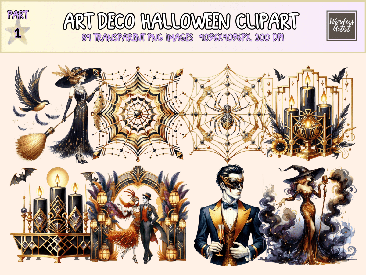 Art Deco Halloween Clipart All Bundles Clipart Line Art - WondersArtist