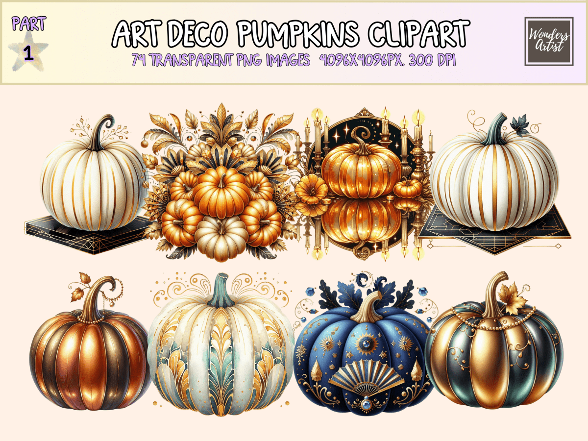 Art Deco Pumpkins Clipart All Bundles Clipart Line Art - WondersArtist