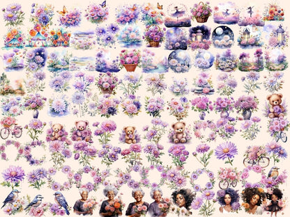 Aster Flowers Watercolor Clipart aster clipart - Wonders Artist