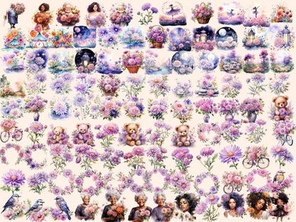 Aster Flowers Watercolor Clipart aster clipart - Wonders Artist