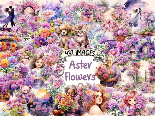 Aster Flowers Watercolor Clipart aster clipart - Wonders Artist