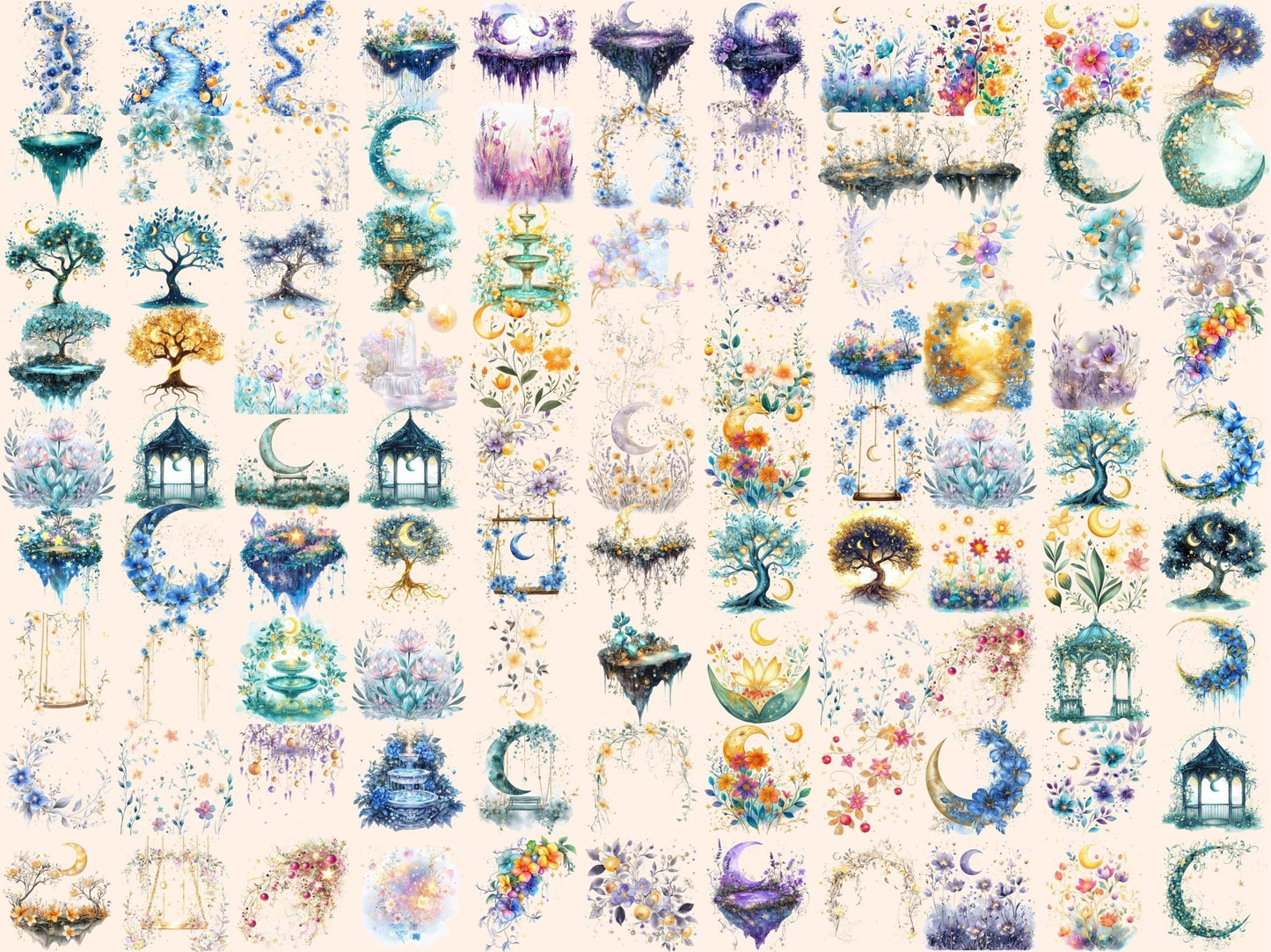 Astral Garden Watercolor Clipart - High - Quality Instant Digital Download for Creative Projects