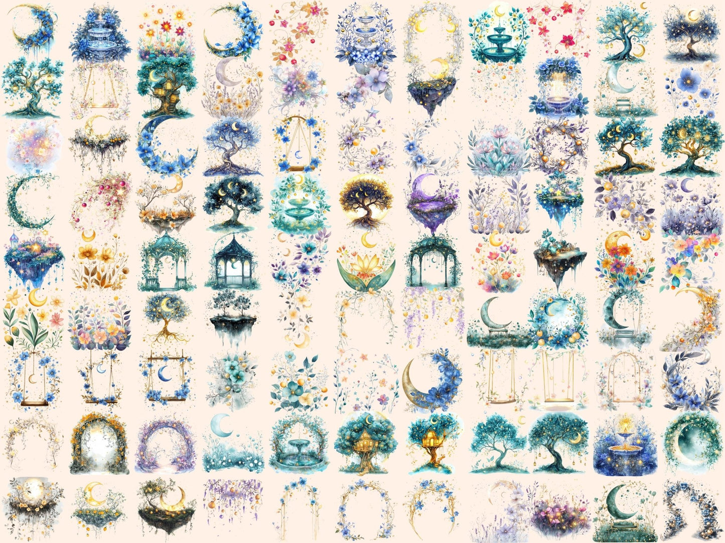 Astral Garden Watercolor Clipart - High - Quality Instant Digital Download for Creative Projects