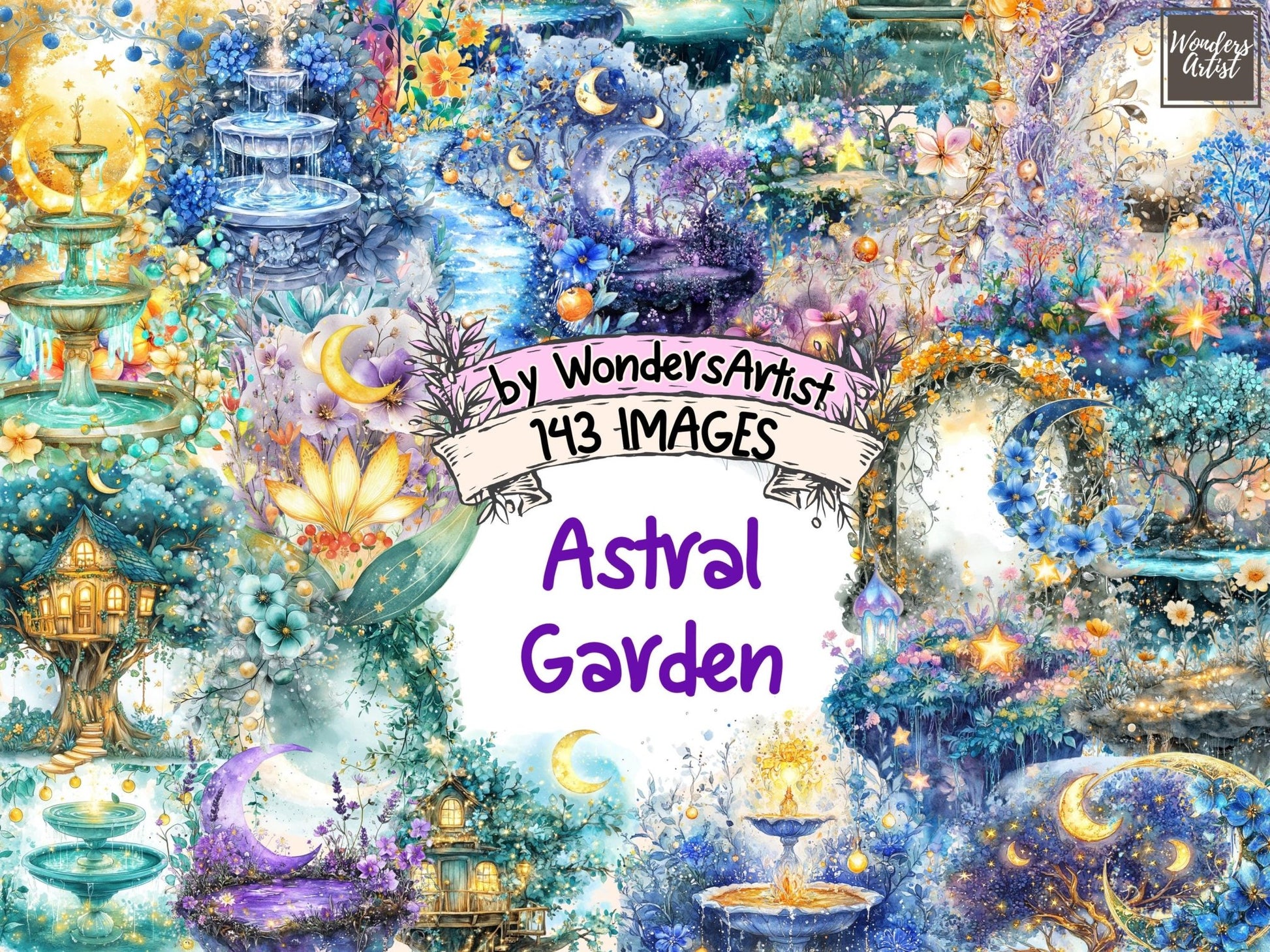 Astral Garden Watercolor Clipart - High - Quality Instant Digital Download for Creative Projects