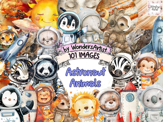 Astronaut Animals Watercolor Clipart - High - Quality Instant Digital Download for Creative Projects