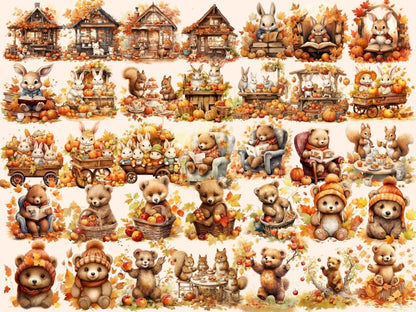 Autumn Animals Watercolor Clipart adorable autumn png - Wonders Artist