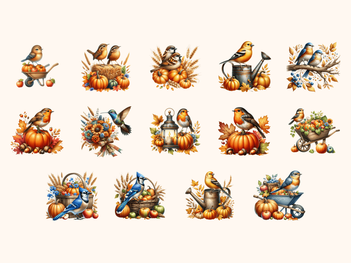 Autumn Birds Clipart All Bundles Clipart Line Art - WondersArtist