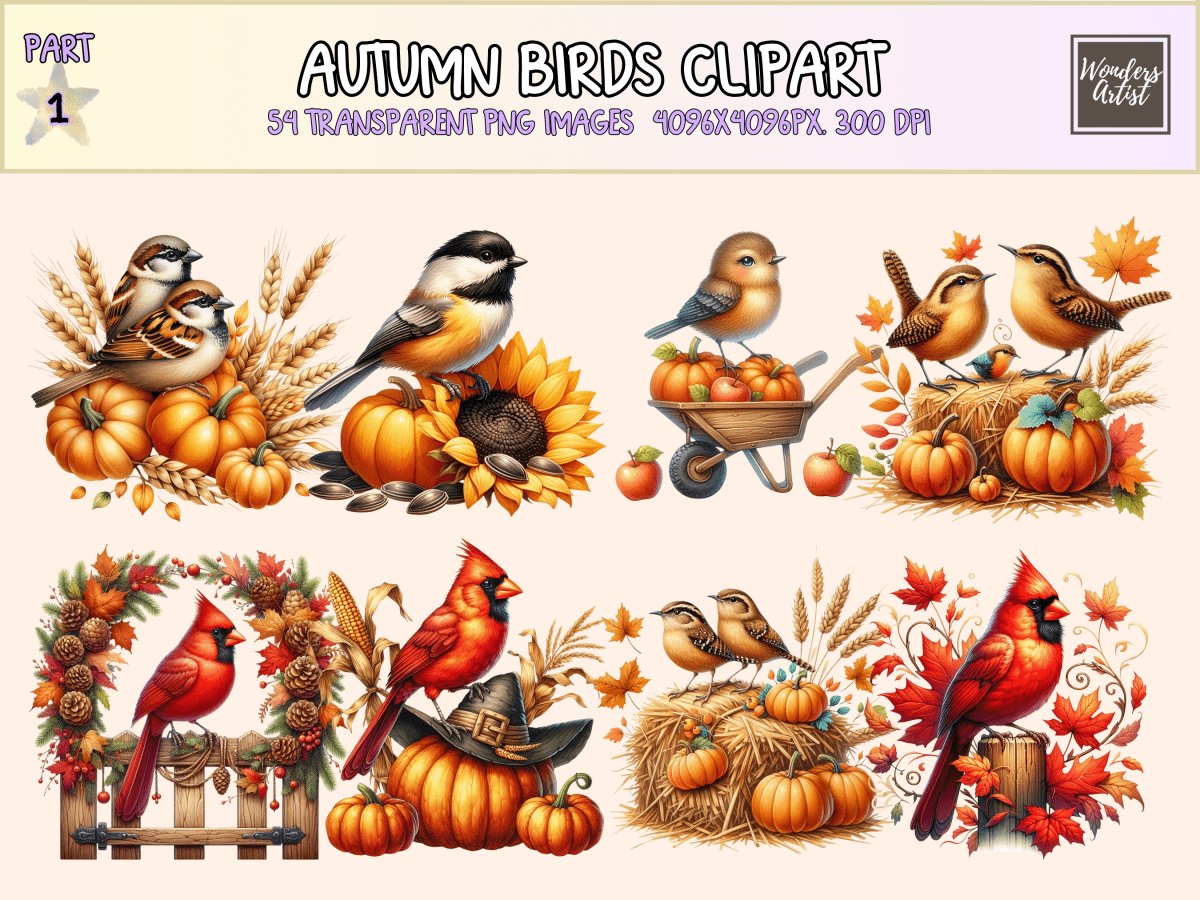 Autumn Birds Clipart All Bundles Clipart Line Art - WondersArtist
