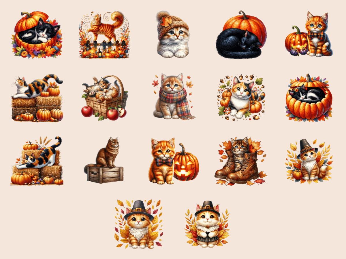 Autumn Cats Clipart All Bundles Clipart Line Art - WondersArtist