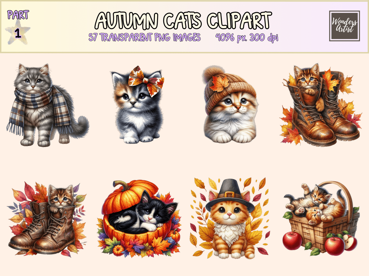 Autumn Cats Clipart All Bundles Clipart Line Art - WondersArtist