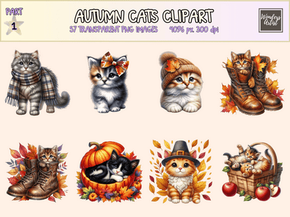 Autumn Cats Clipart All Bundles Clipart Line Art - WondersArtist