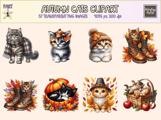 Autumn Cats Clipart All Bundles Clipart Line Art - WondersArtist