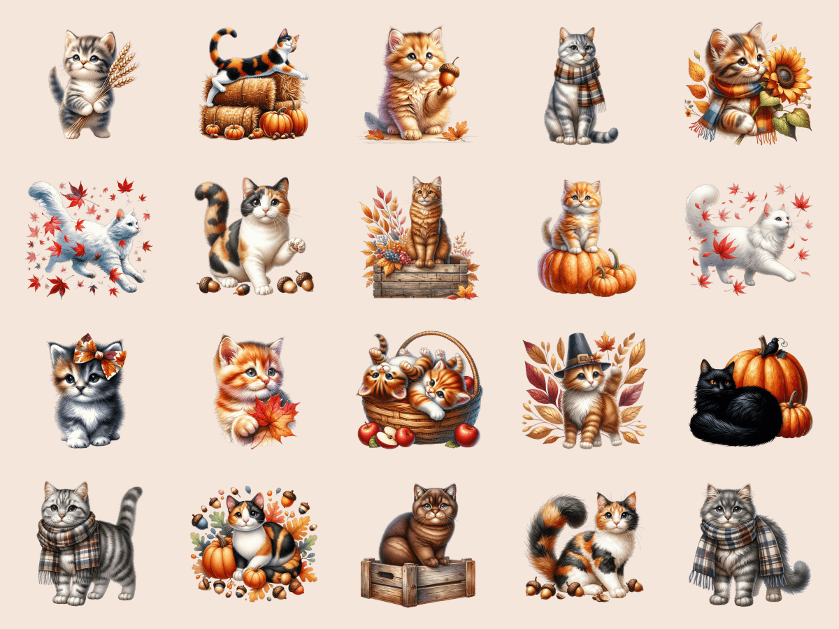 Autumn Cats Clipart All Bundles Clipart Line Art - WondersArtist