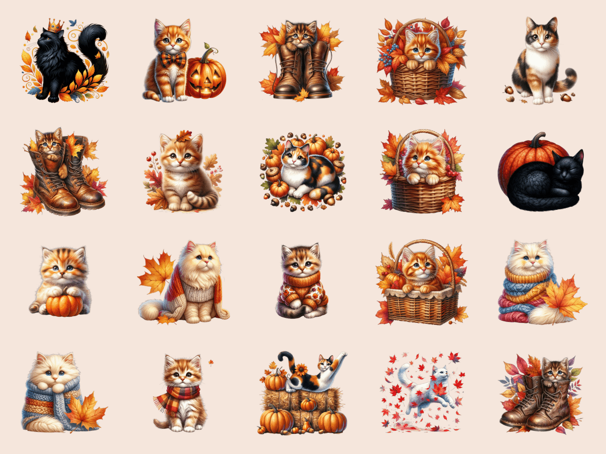 Autumn Cats Clipart All Bundles Clipart Line Art - WondersArtist