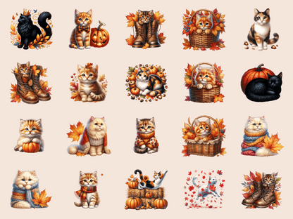 Autumn Cats Clipart All Bundles Clipart Line Art - WondersArtist