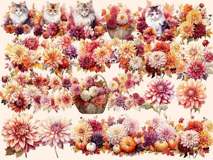 Autumn Dahlias Watercolor Clipart autumn dahlia png - Wonders Artist