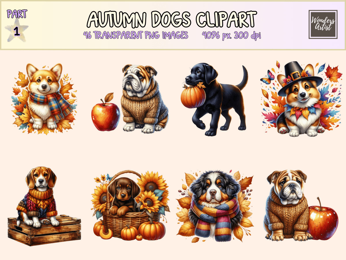 Autumn Dogs Clipart All Bundles Clipart Line Art - WondersArtist