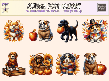 Autumn Dogs Clipart All Bundles Clipart Line Art - WondersArtist