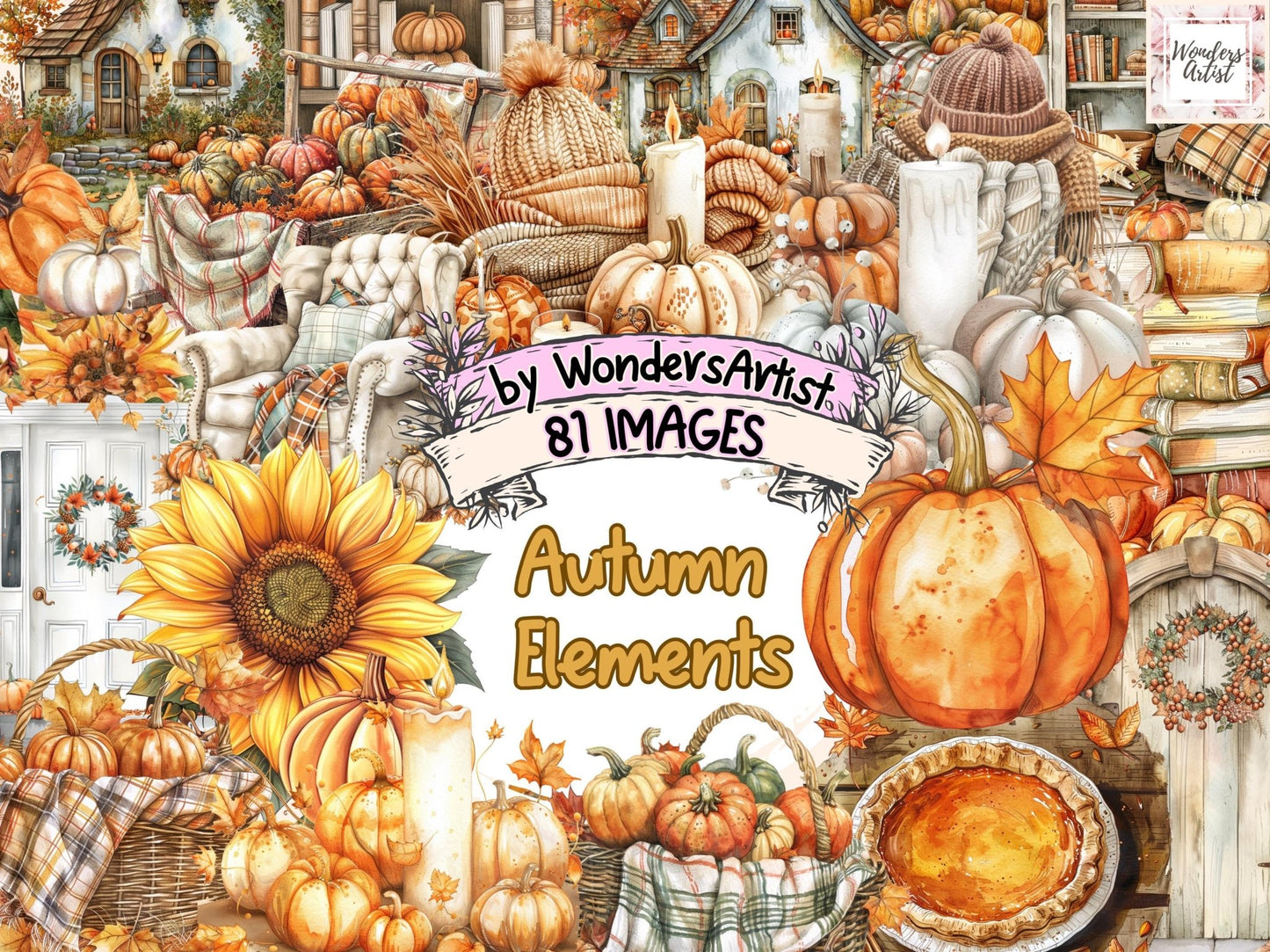 Autumn Elements Watercolor Clipart - High - Quality Instant Digital Download for Creative Projects