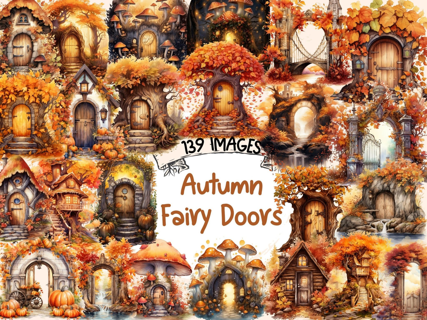 Autumn Fairy Doors Watercolor Clipart - High - Quality Instant Digital Download for Creative Projects