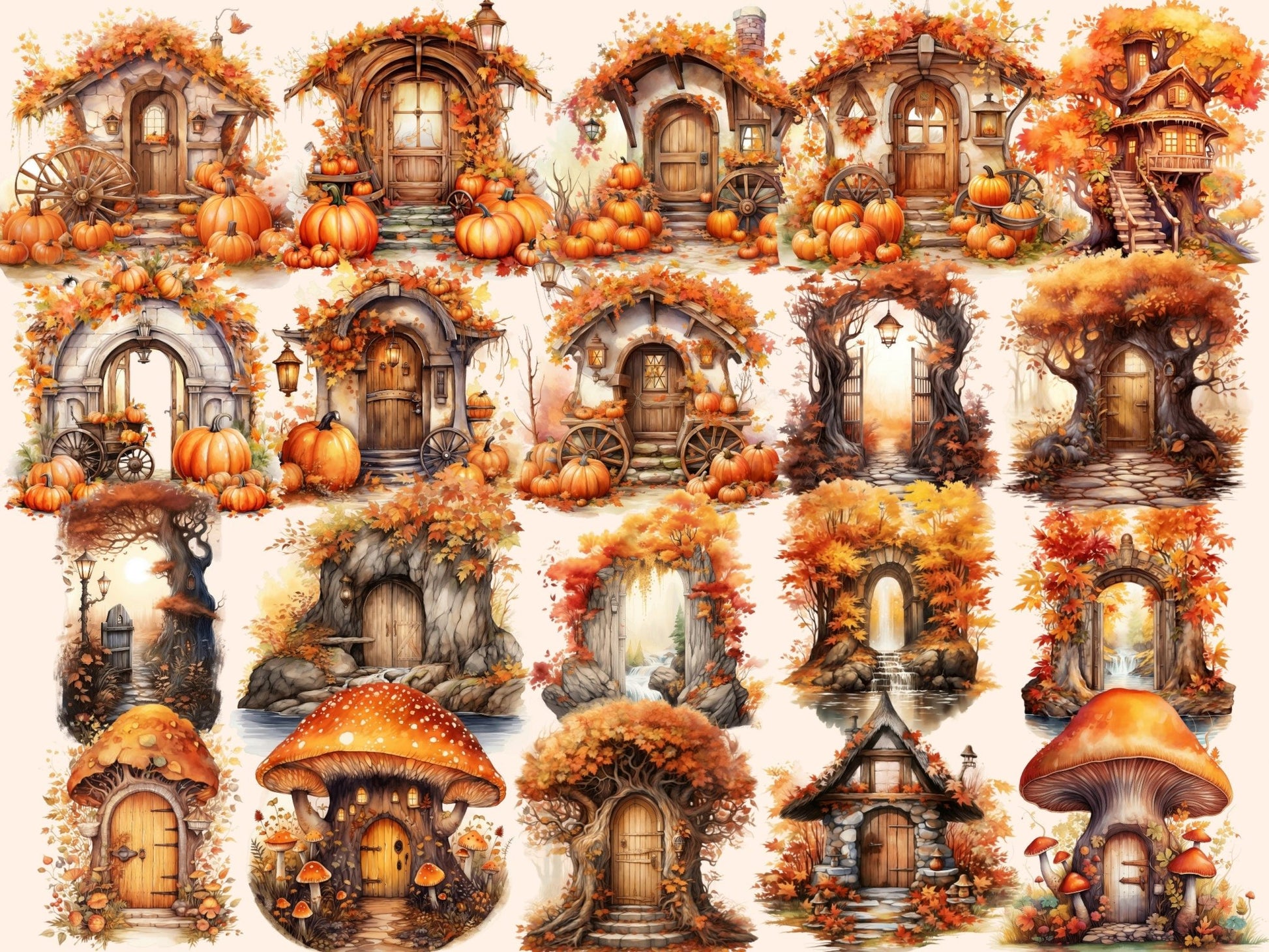 Autumn Fairy Doors Watercolor Clipart - High - Quality Instant Digital Download for Creative Projects