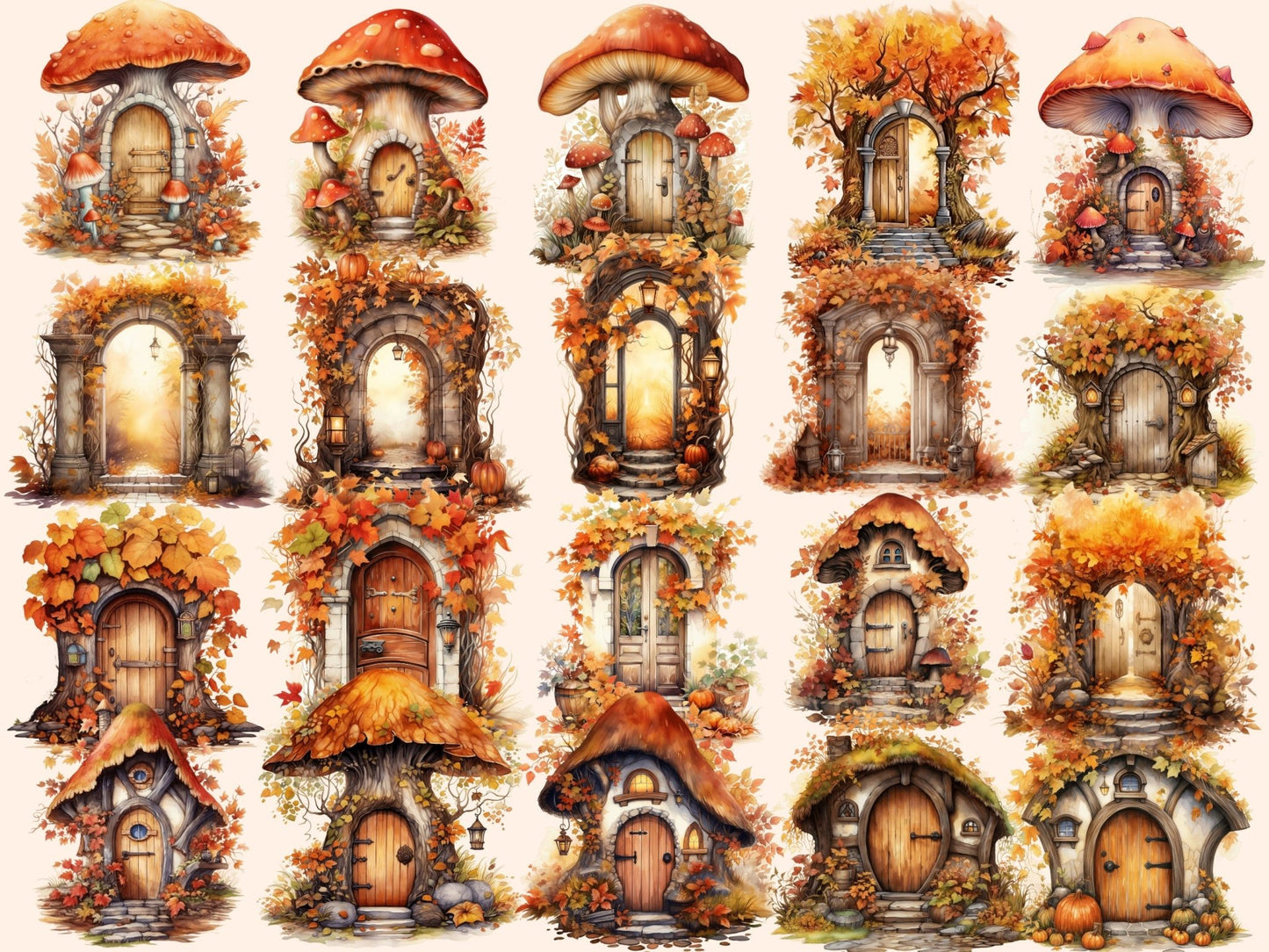 Autumn Fairy Doors Watercolor Clipart - High - Quality Instant Digital Download for Creative Projects