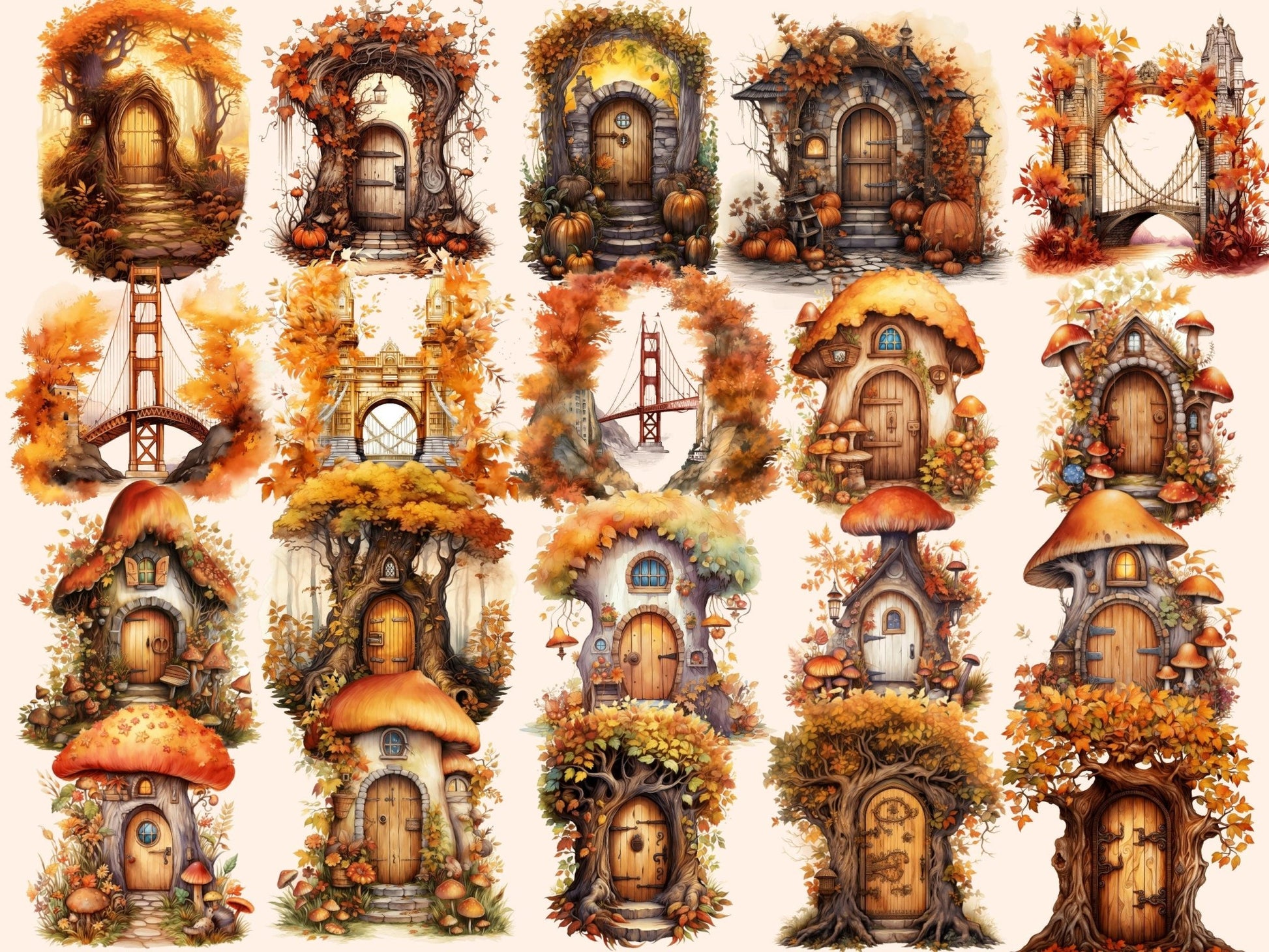 Autumn Fairy Doors Watercolor Clipart - High - Quality Instant Digital Download for Creative Projects