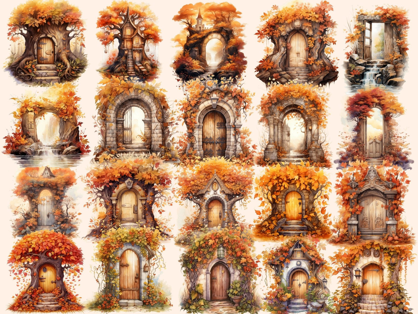 Autumn Fairy Doors Watercolor Clipart - High - Quality Instant Digital Download for Creative Projects