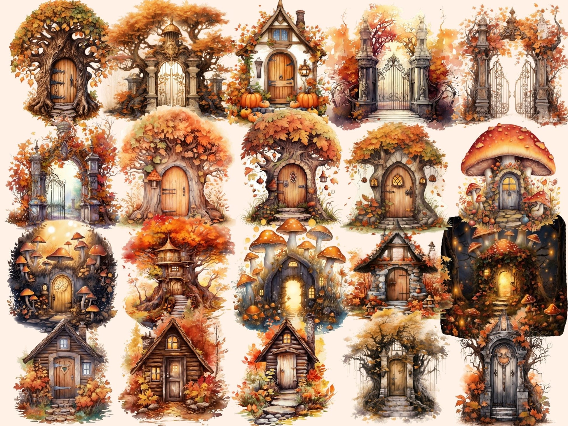 Autumn Fairy Doors Watercolor Clipart - High - Quality Instant Digital Download for Creative Projects