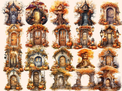 Autumn Fairy Doors Watercolor Clipart autumn clipart - Wonders Artist
