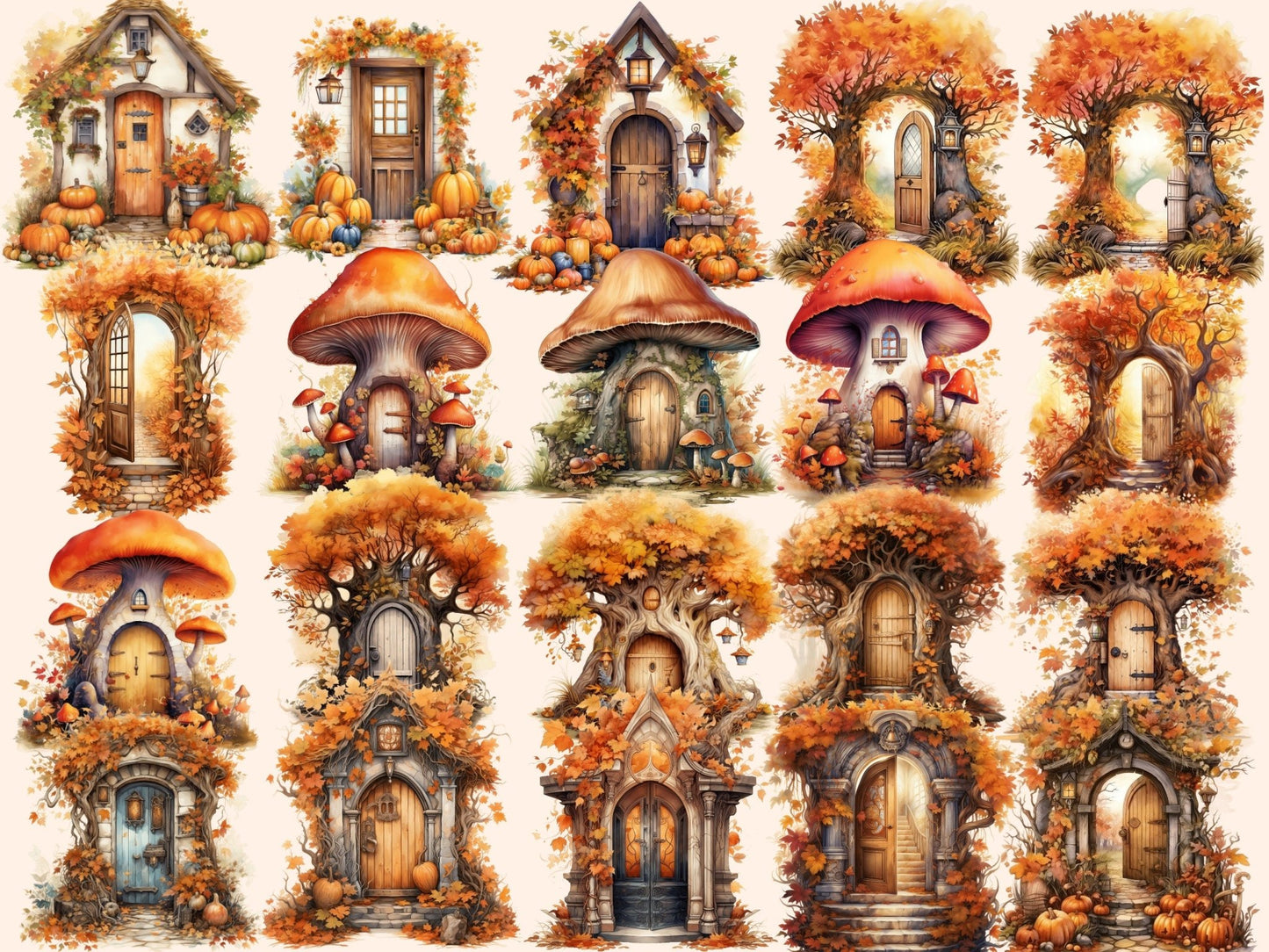 Autumn Fairy Doors Watercolor Clipart - High - Quality Instant Digital Download for Creative Projects