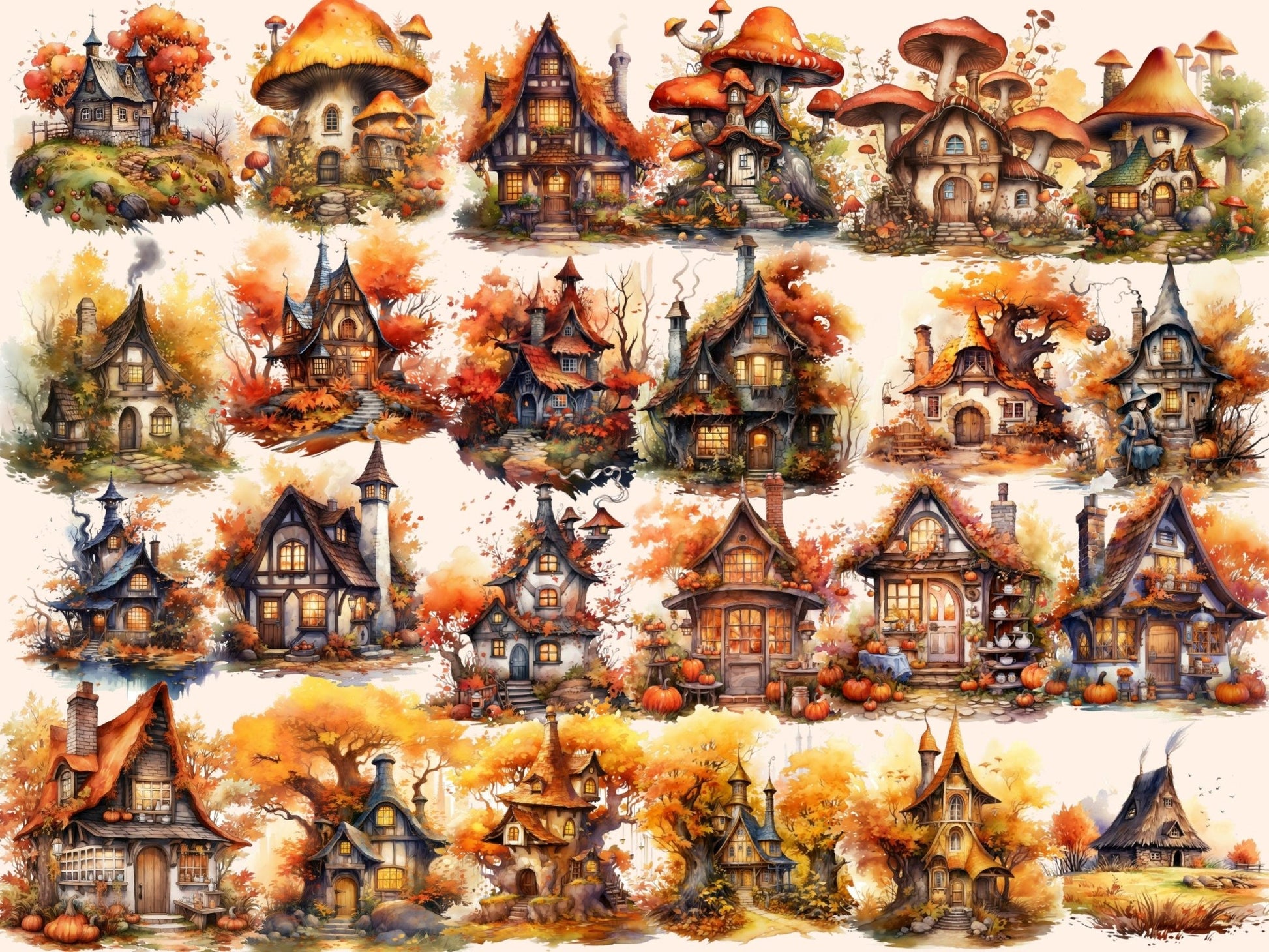 Autumn Fairy Houses Watercolor Clipart - High - Quality Instant Digital Download for Creative Projects