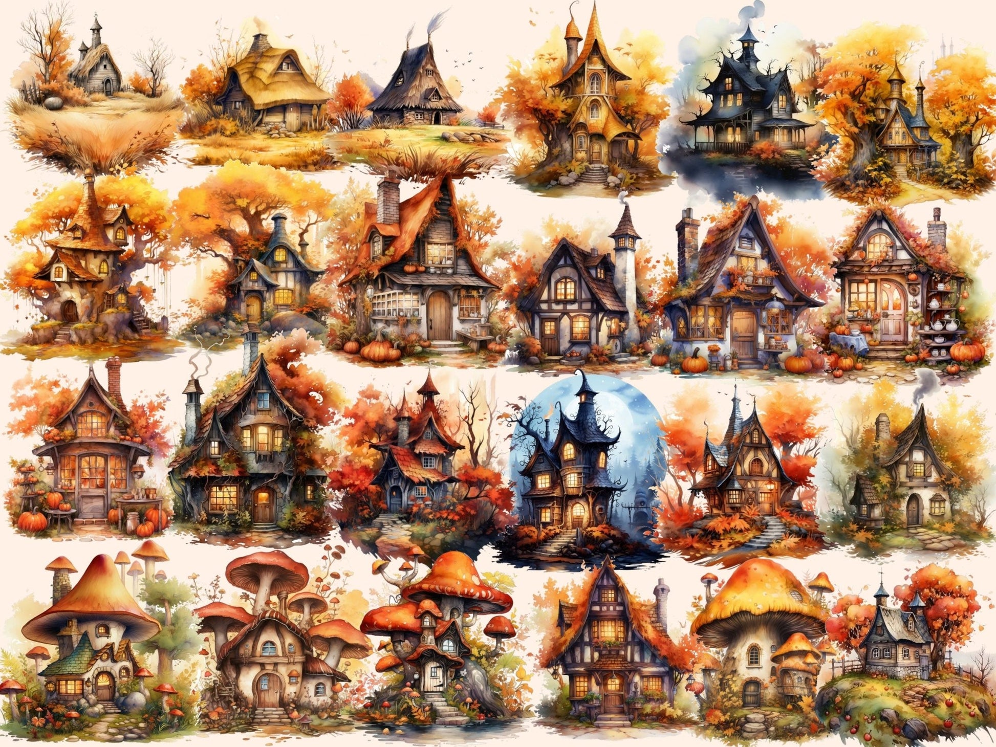 Autumn Fairy Houses Watercolor Clipart - High - Quality Instant Digital Download for Creative Projects