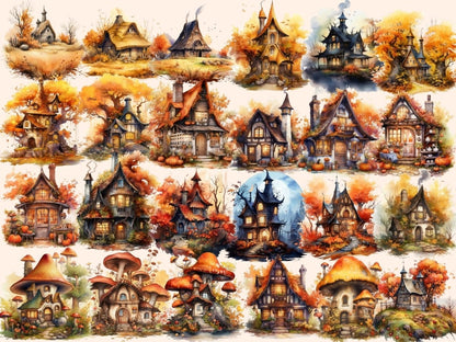 Autumn Fairy Houses Watercolor Clipart autumn clipart - Wonders Artist