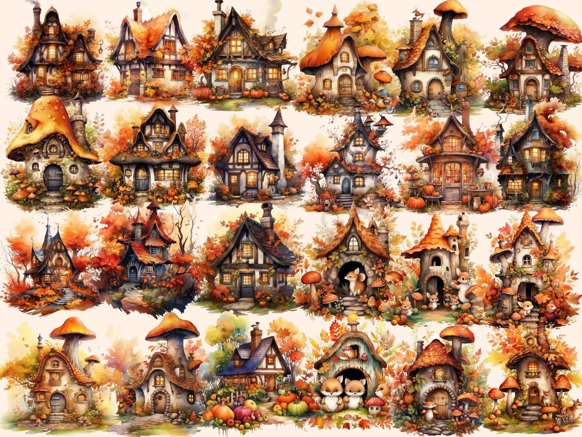 Autumn Fairy Houses Watercolor Clipart - High - Quality Instant Digital Download for Creative Projects